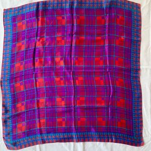 Vintage 100% Silk Plaid Scarf Made in Japan 25” Purple Blue & Red Jewel Tones